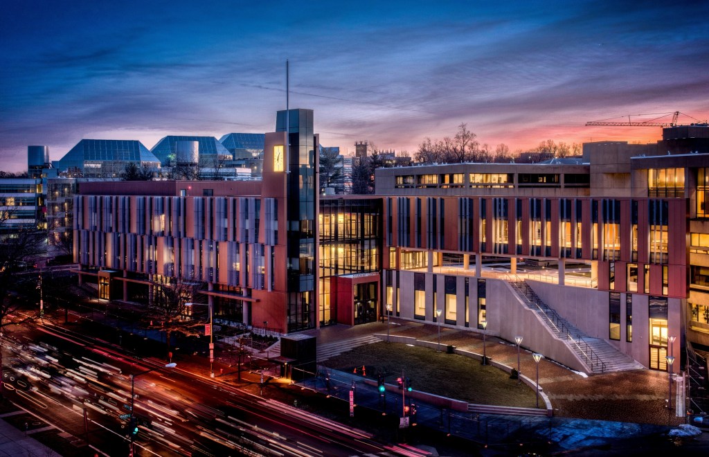 Photo of the UDC Student Center at dusk
